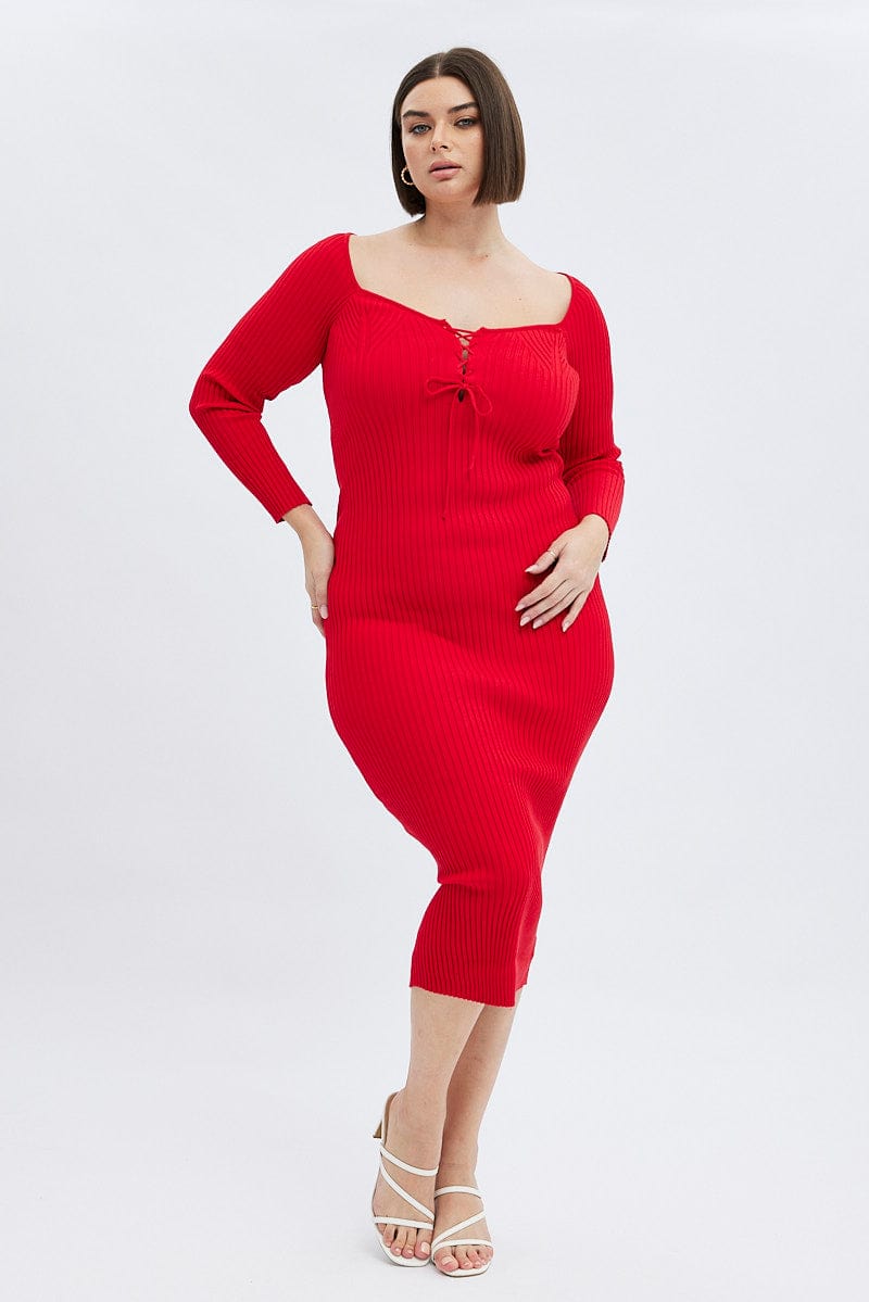 Red Knit Dress Lace Up Front Long Sleeve Rib | You & All Red Knit Dress Lace Up Front Long Sleeve Rib | You & All