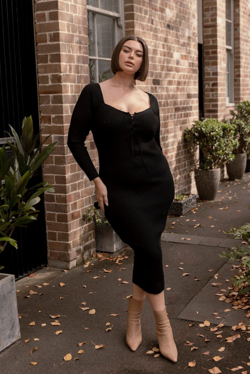 Black Knit Dress Lace Up Front Long Sleeve Rib | You & All Black Knit Dress Lace Up Front Long Sleeve Rib | You & All