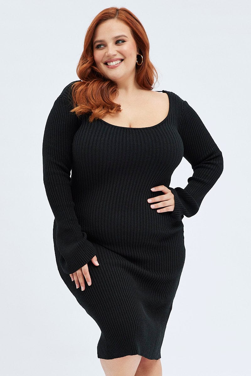Black Mini Dress Scoop Neck Knit Flare Sleeve | You & All Black Mini Dress Scoop Neck Knit Flare Sleeve | You & All