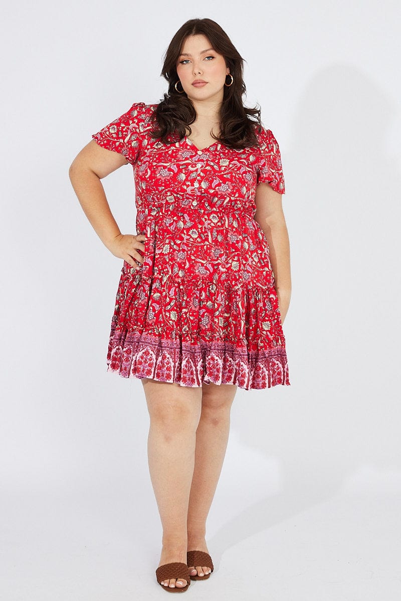 Red Boho Fit And Flare Dress V-neck Mini Dress | You & All Red Boho Fit And Flare Dress V-neck Mini Dress | You & All