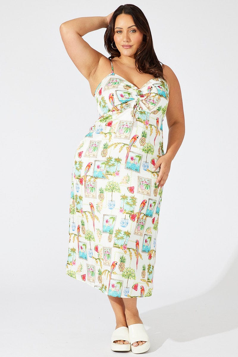 Multi Abstract Midi Dress Drawstring Front Holiday Print | You & All Multi Abstract Midi Dress Drawstring Front Holiday Print | You & All