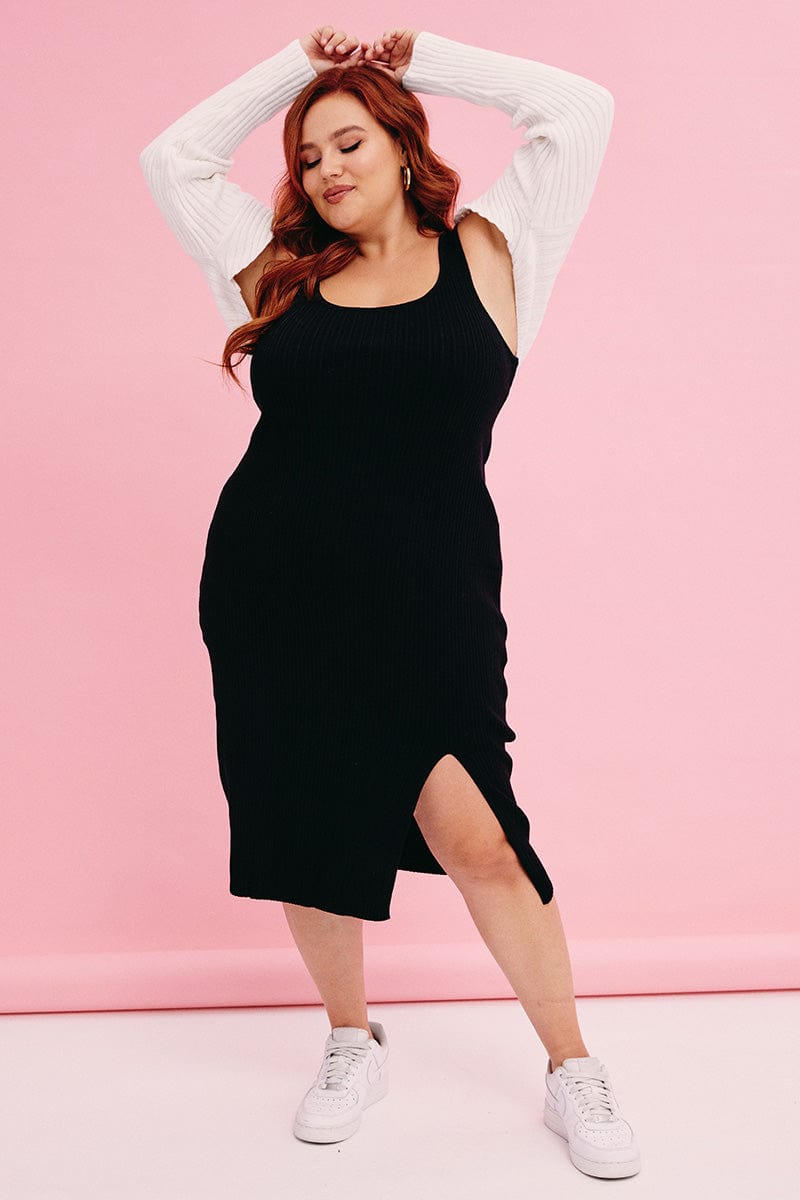 Black Knit Dress Sleeveless Split Front Rib Midi | You & All Black Knit Dress Sleeveless Split Front Rib Midi | You & All