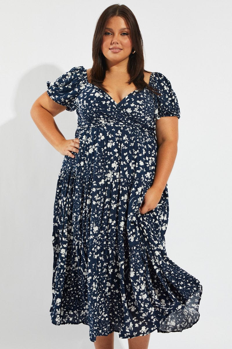 Blue Ditsy Crossover Front Midi Dress | You & All Blue Ditsy Crossover Front Midi Dress | You & All