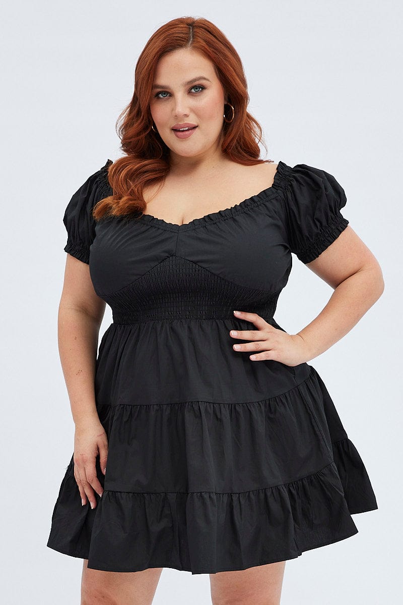 Black Fit And Flare Dress Short Sleeve Shirred | You & All Black Fit And Flare Dress Short Sleeve Shirred | You & All