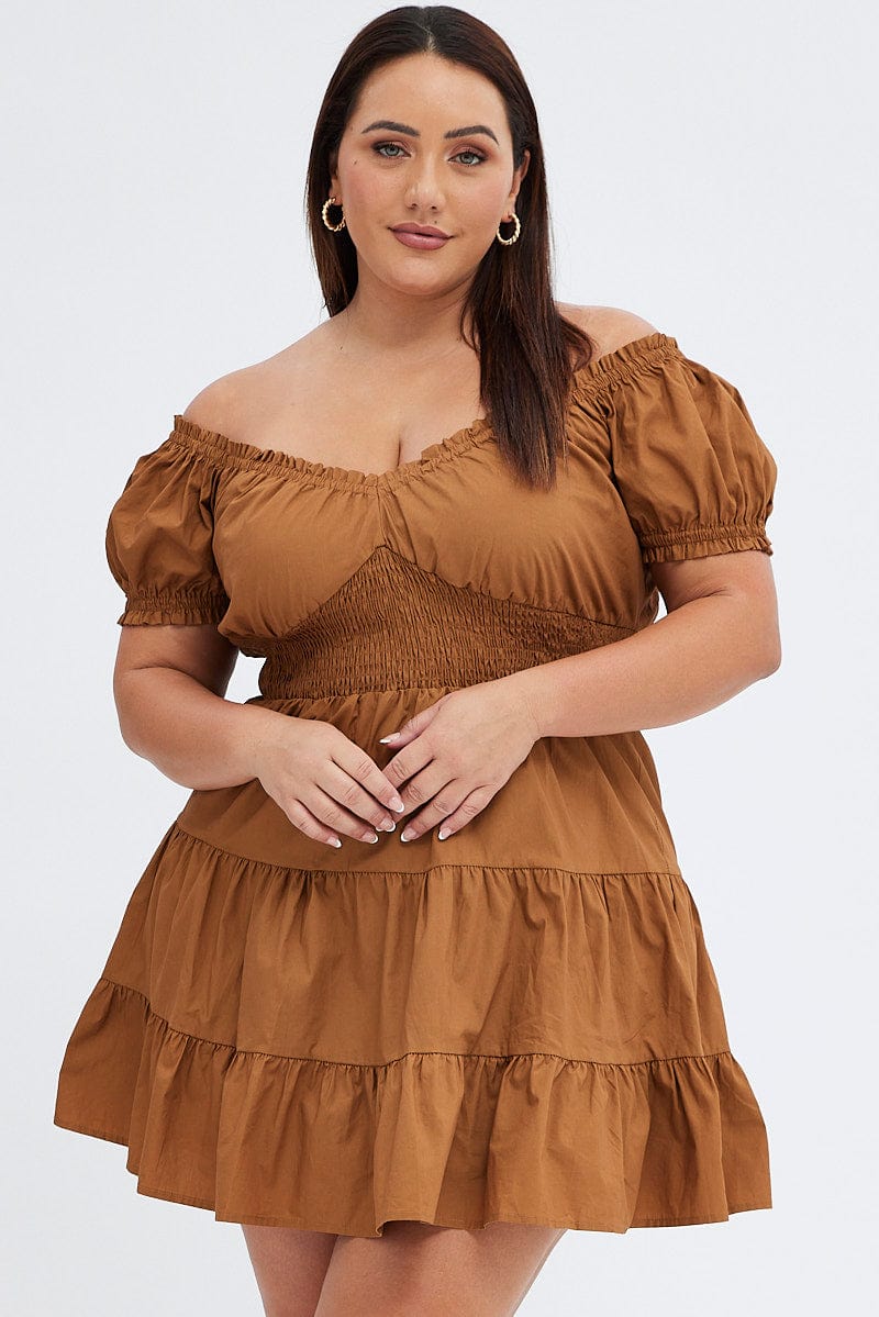 Brown Fit And Flare Dress Short Sleeve Shirred | You & All Brown Fit And Flare Dress Short Sleeve Shirred | You & All