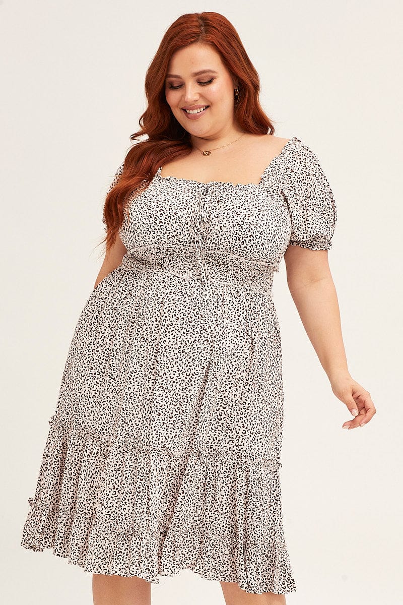 Plus Size Animal Printnt Short Sleeve Animal Print Gather Mini