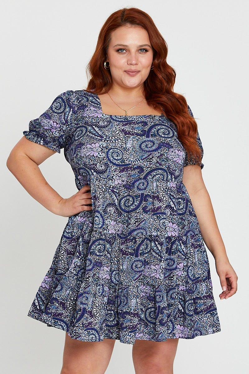 Plus Size Boho Print Smock Dress Square Neck Short Sleeve | You + All | Shop Online