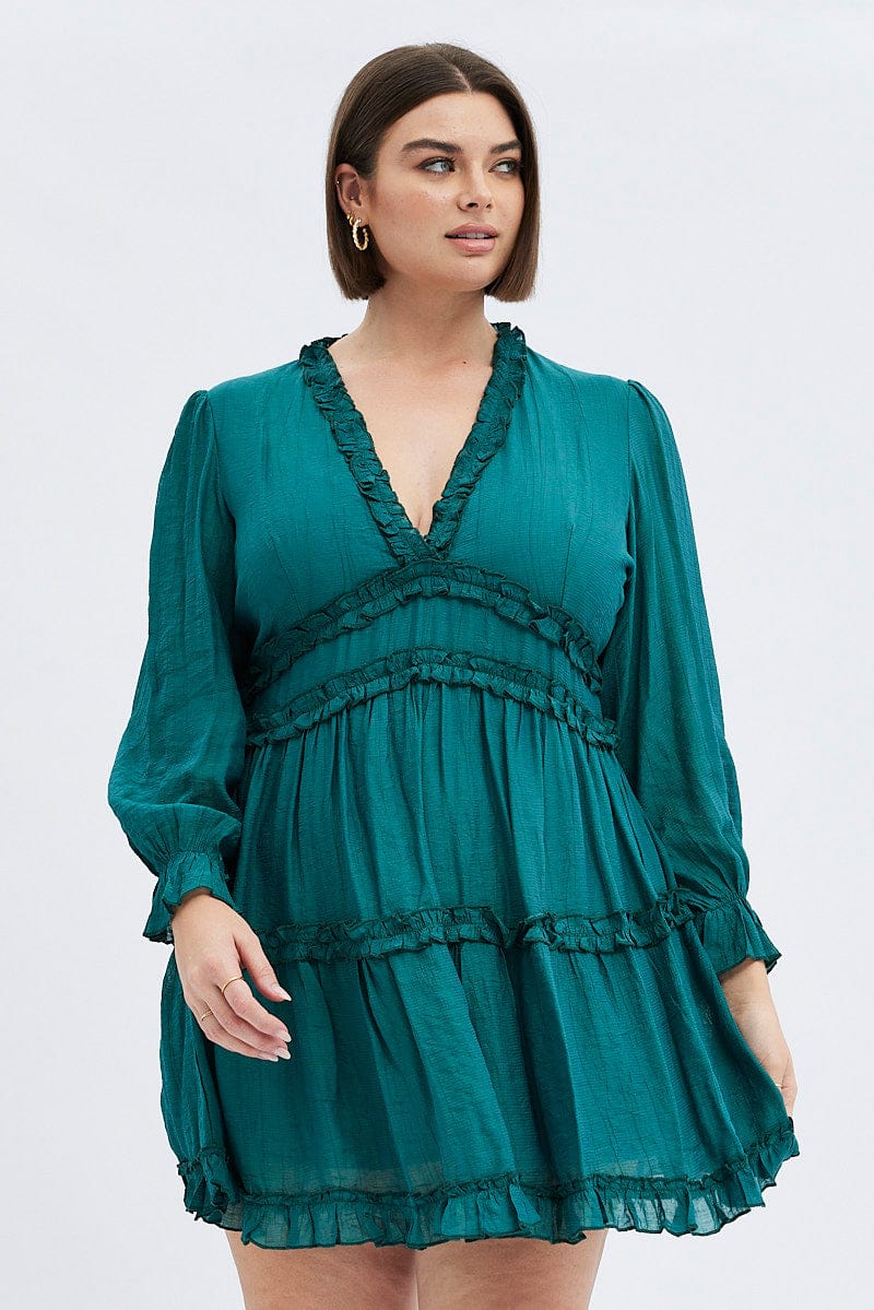 Green Mini Dress Textured Chiffon Frill Long Sleeve You All