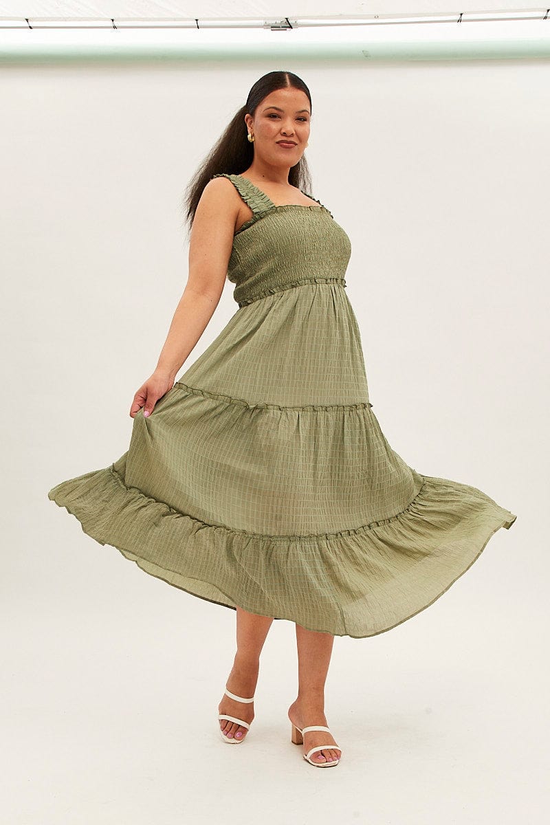 Green Maxi Dress Gather Shoulder Sleeveless Textured | You & All Green Maxi Dress Gather Shoulder Sleeveless Textured | You & All