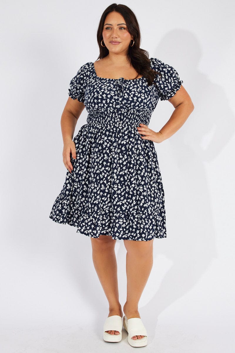 fit and flare dresses with short sleeves Blue Ditsy Fit And Flare Dress Short Sleeve