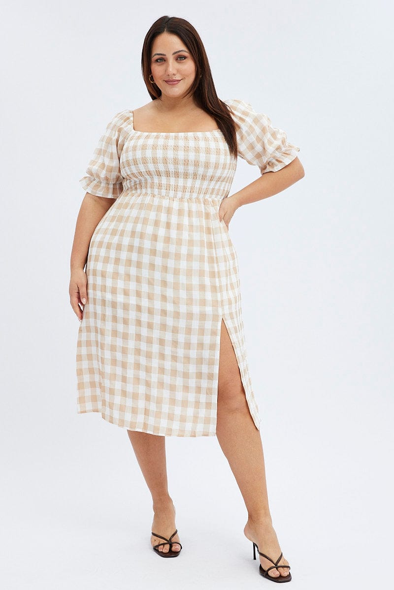 Nude Check Midi Dress Split Front Large Gingham Check for YouandAll Fashion