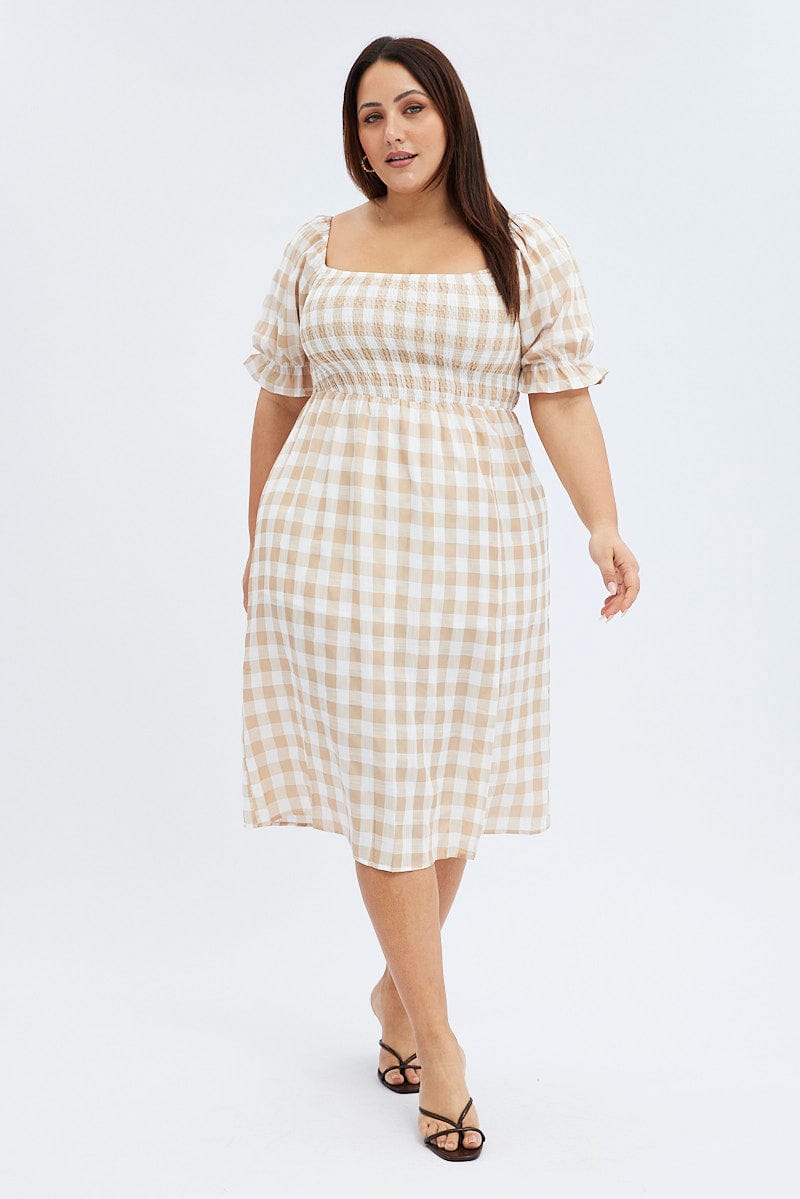 Nude Check Midi Dress Split Front Large Gingham Check for YouandAll Fashion