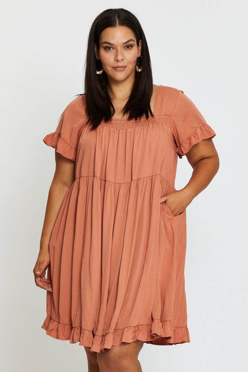 orange smock dress Plus Size Orange Smock Dress Square Neck Short Sleeve Ruffle | You + All | Shop Online