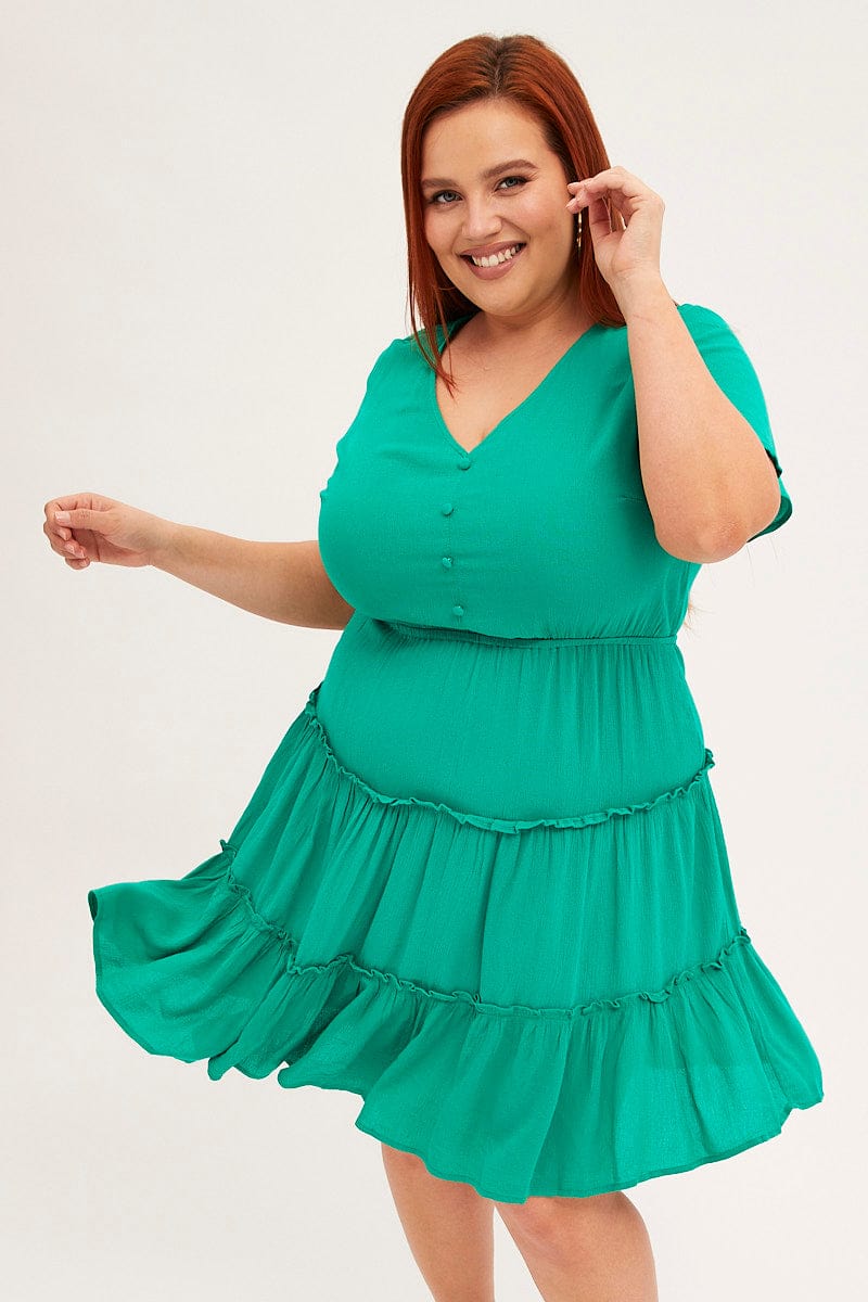 Green Mini Dress Short Sleeve Button Front Crinkle Rayon You All