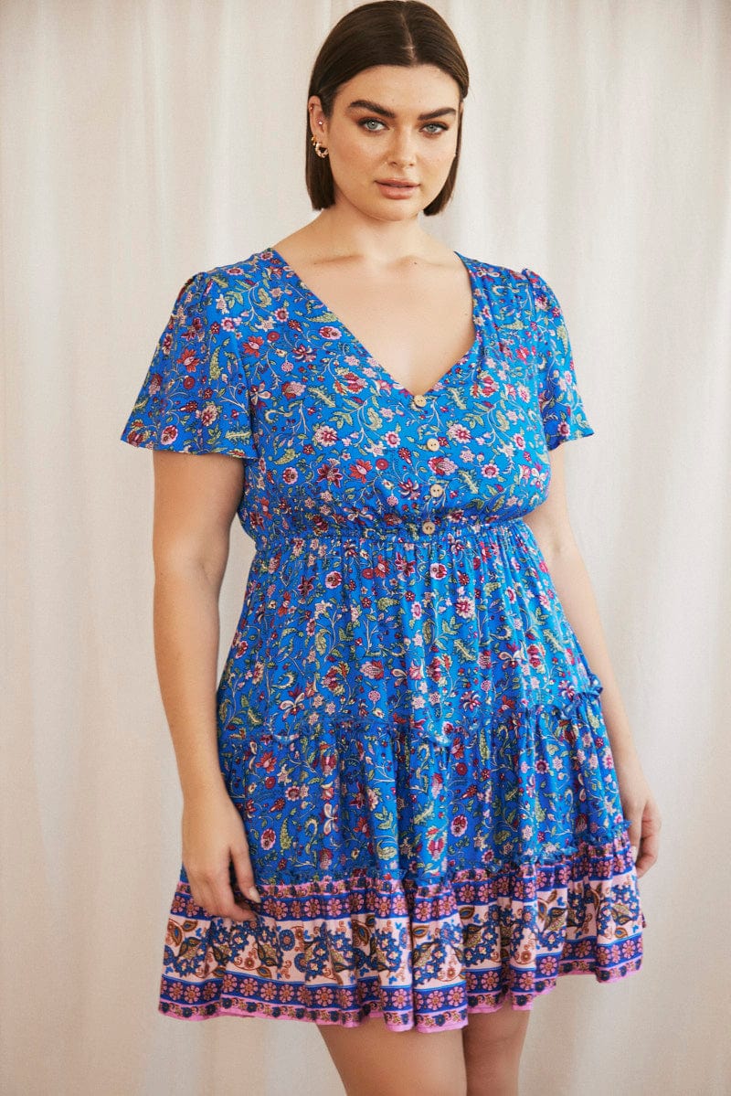 Blue Boho Fit And Flare Dress Short Sleeve V-neck | You & All Blue Boho Fit And Flare Dress Short Sleeve V-neck | You & All