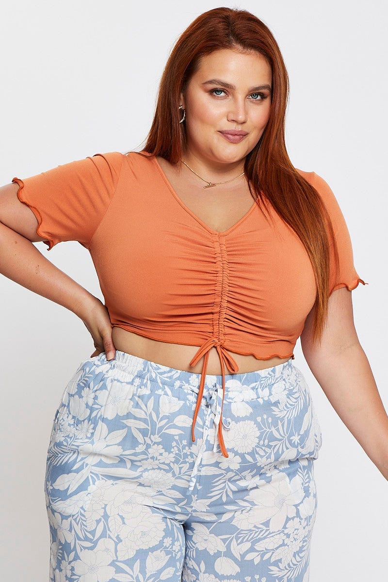 Plus Size Beige Front T-Shirt V-Neck Jersey Rib Ruched You All