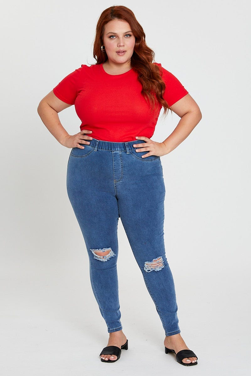 Plus Size Blue Knee Jeggings High Rise Slash You All Shop