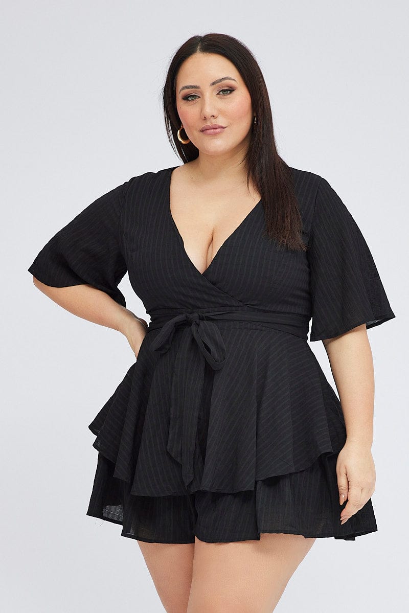 Black Ruffle Playsuit Short Sleeve Wrap Front You All