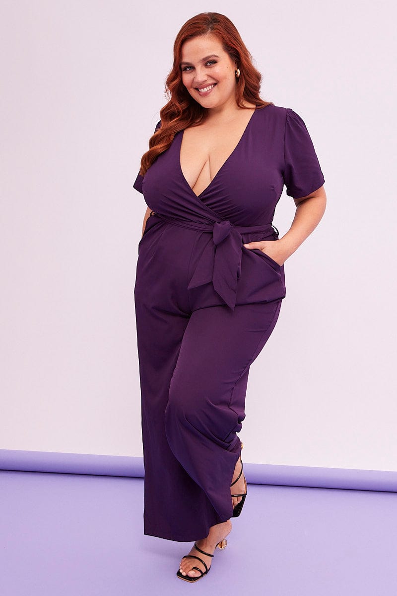 Purple Wideleg Jumpsuit Short Sleeve Wrapover Front You All