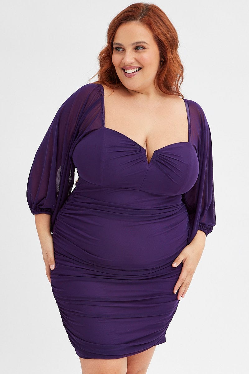 Purple Bodycon Dress Mesh Balloon Sleeve Ruched Mini | You & All Purple Bodycon Dress Mesh Balloon Sleeve Ruched Mini | You & All