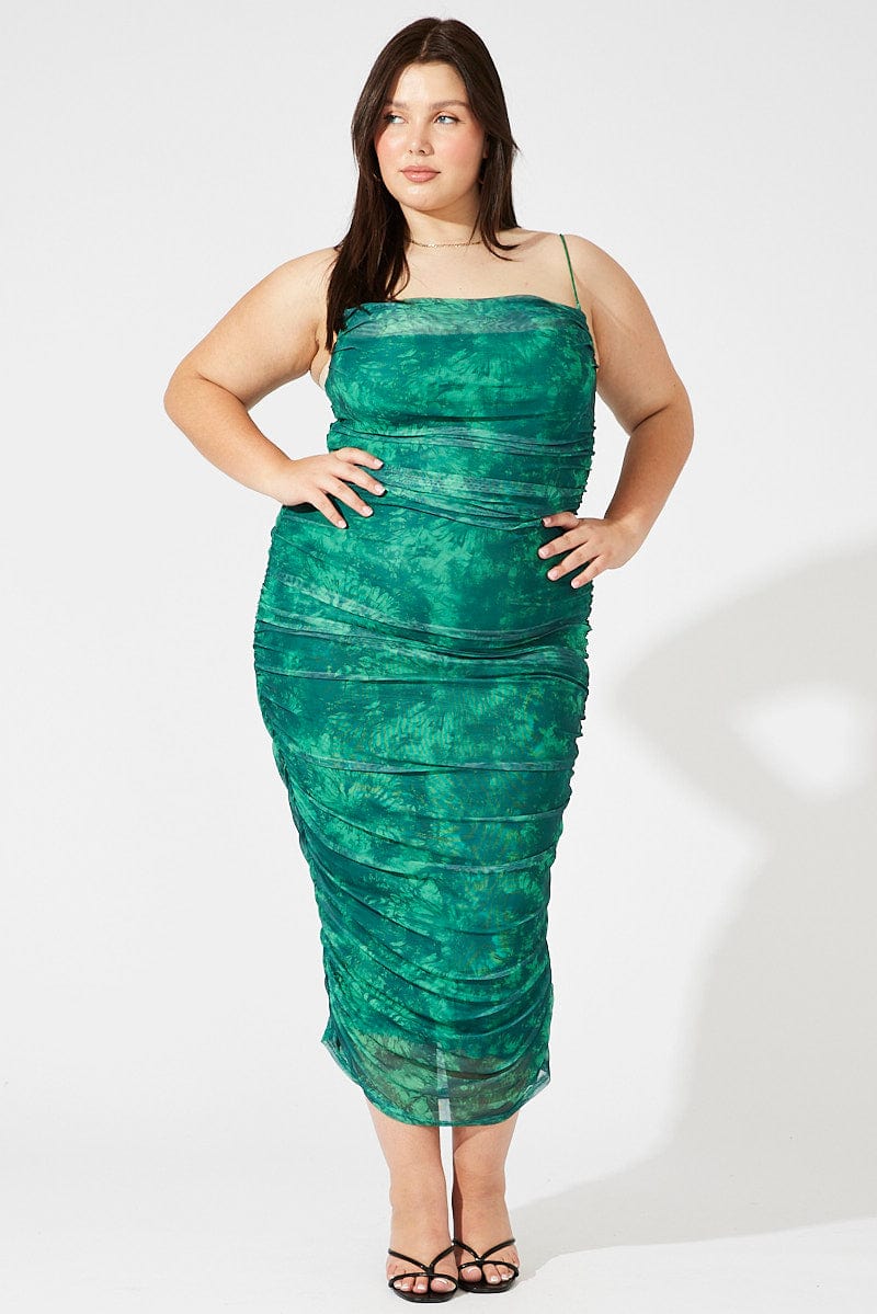 Green Abstract Ruched Mesh Midi Dress | You & All Green Abstract Ruched Mesh Midi Dress | You & All