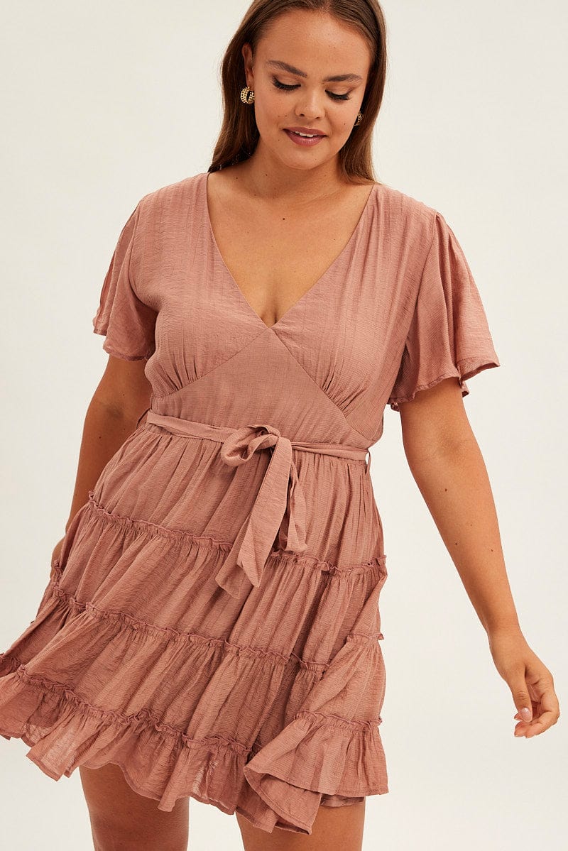 Pink Mini Dress Short Flare Sleeve Textured Frill | You & All Pink Mini Dress Short Flare Sleeve Textured Frill | You & All