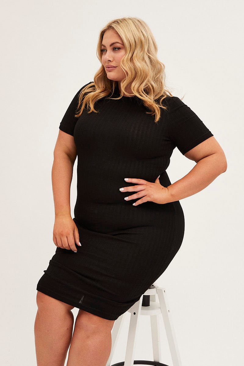 Black Midi Dress Short Sleeve Rib Jersey Bodycon | You & All Black Midi Dress Short Sleeve Rib Jersey Bodycon | You & All