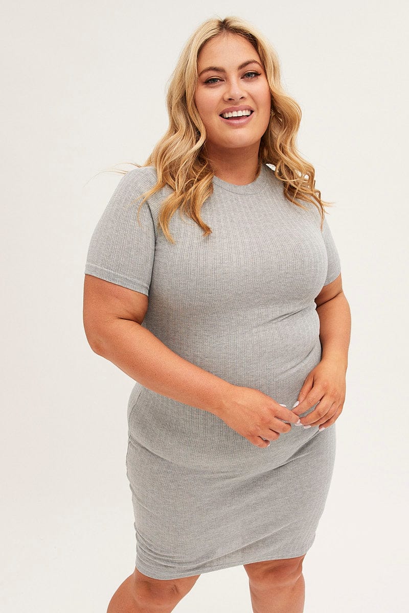 Grey Midi Dress Short Sleeve Rib Jersey Bodycon | You & All Grey Midi Dress Short Sleeve Rib Jersey Bodycon | You & All