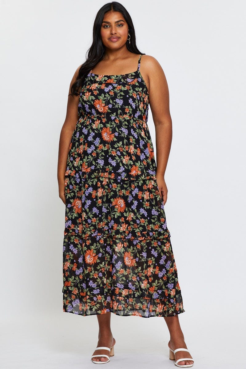 Plus Size Floral Print Maxi Dress Square Neck Sleeveless You