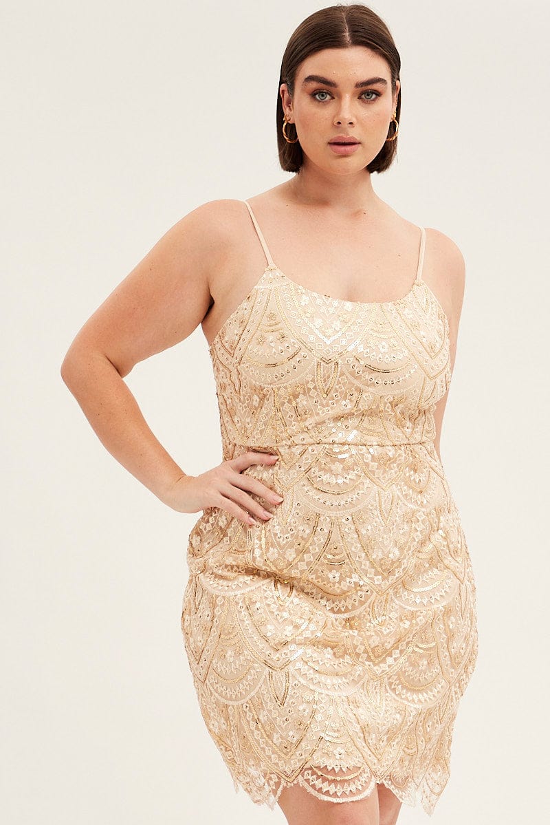 Gold Mini Dress Shoestring Strap Scalloped Hem Sequin | You & All Gold Mini Dress Shoestring Strap Scalloped Hem Sequin | You & All