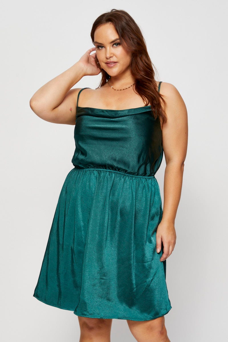 Plus Size Green Mini Satin Dress Cowl Neck Sleeveless | You + All | Shop Online | You & All Plus Size Green Mini Satin Dress Cowl Neck Sleeveless | You + All | Shop Online | You & All