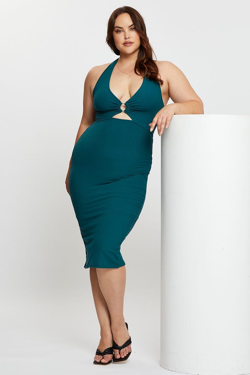 Plus Size Green Midi Bodycon Dress Halter Jersey |You + All | Shop Online | You & All Plus Size Green Midi Bodycon Dress Halter Jersey |You + All | Shop Online | You & All