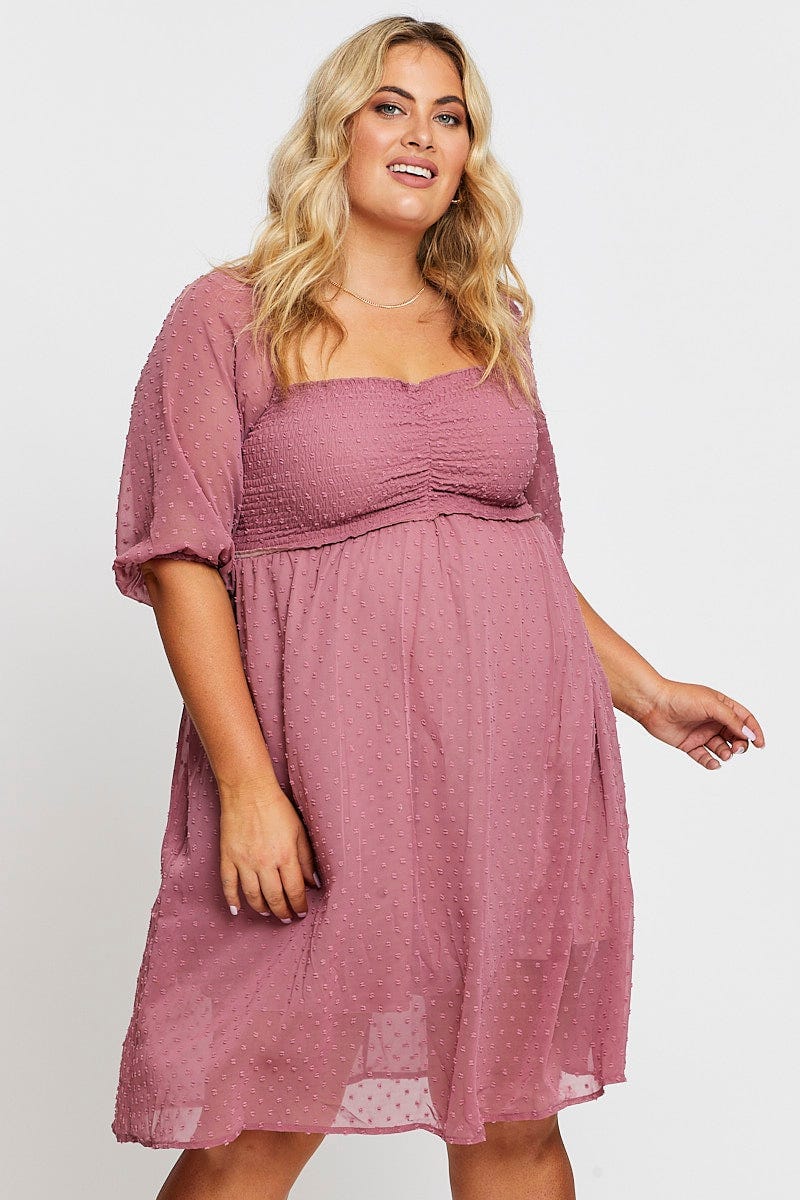 Plus Size Pink 3/4 Sleeve Chiffon Flocked Midi Dress |You + All | Shop Online | You & All Plus Size Pink 3/4 Sleeve Chiffon Flocked Midi Dress |You + All | Shop Online | You & All