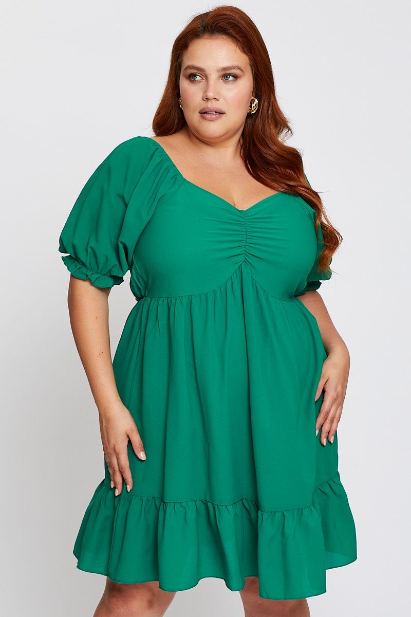 Plus Size Green Short Puff Sleeve Gather Frill Hem Dress |You