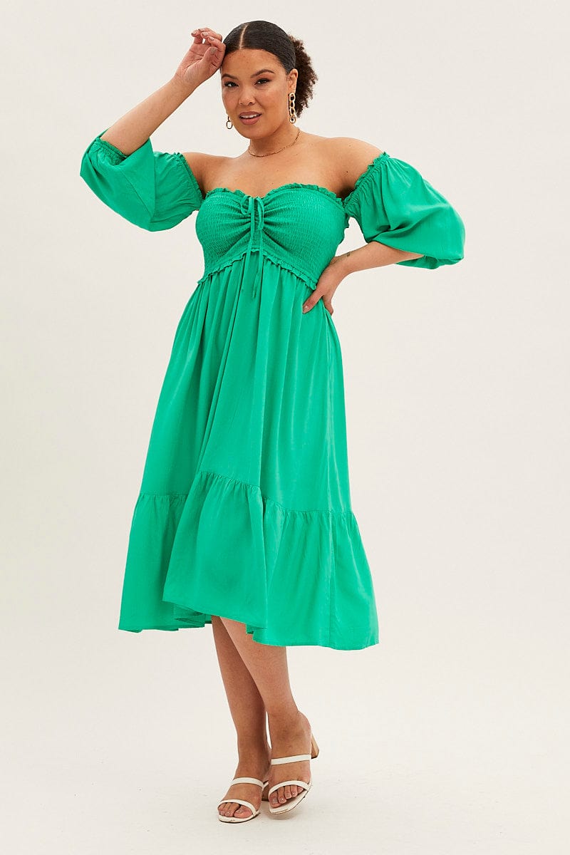 Green Midi Dress Off Shoulder Shirred | You & All Green Midi Dress Off Shoulder Shirred | You & All