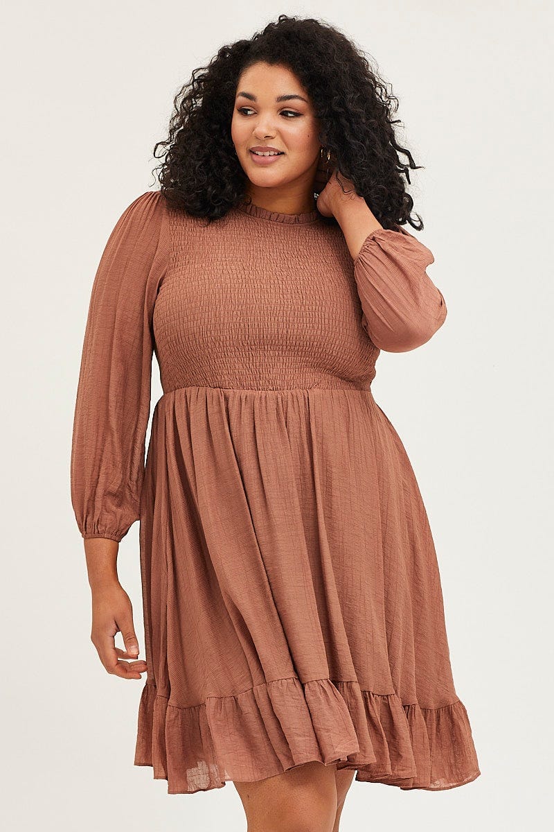 Plus Size Brown Skater Dress Round Neck Long Sleeve Shirred |You + All | Shop Online | You & All Plus Size Brown Skater Dress Round Neck Long Sleeve Shirred |You + All | Shop Online | You & All