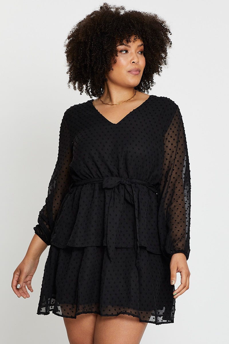 Plus Size Black Long Sleeve Flocked Spot Skater Dress You All