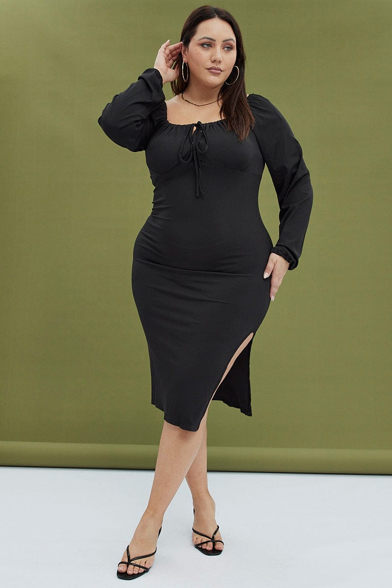Black Bodycon Dress Rib Jersey Tie Midi Off Shoulder You All