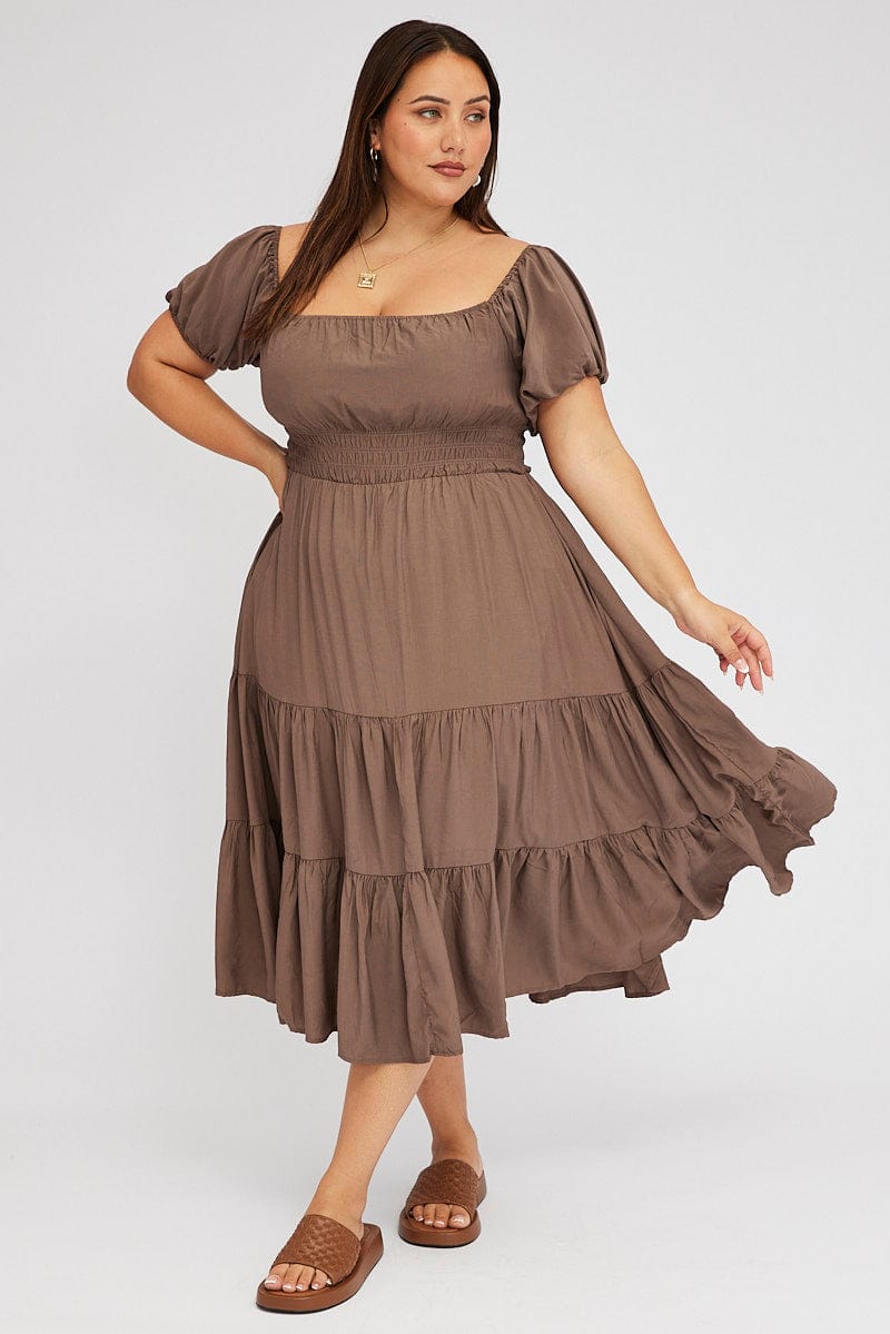 Brown Midi Dress Off Shoulder Elastic Waist Puff Sleeve