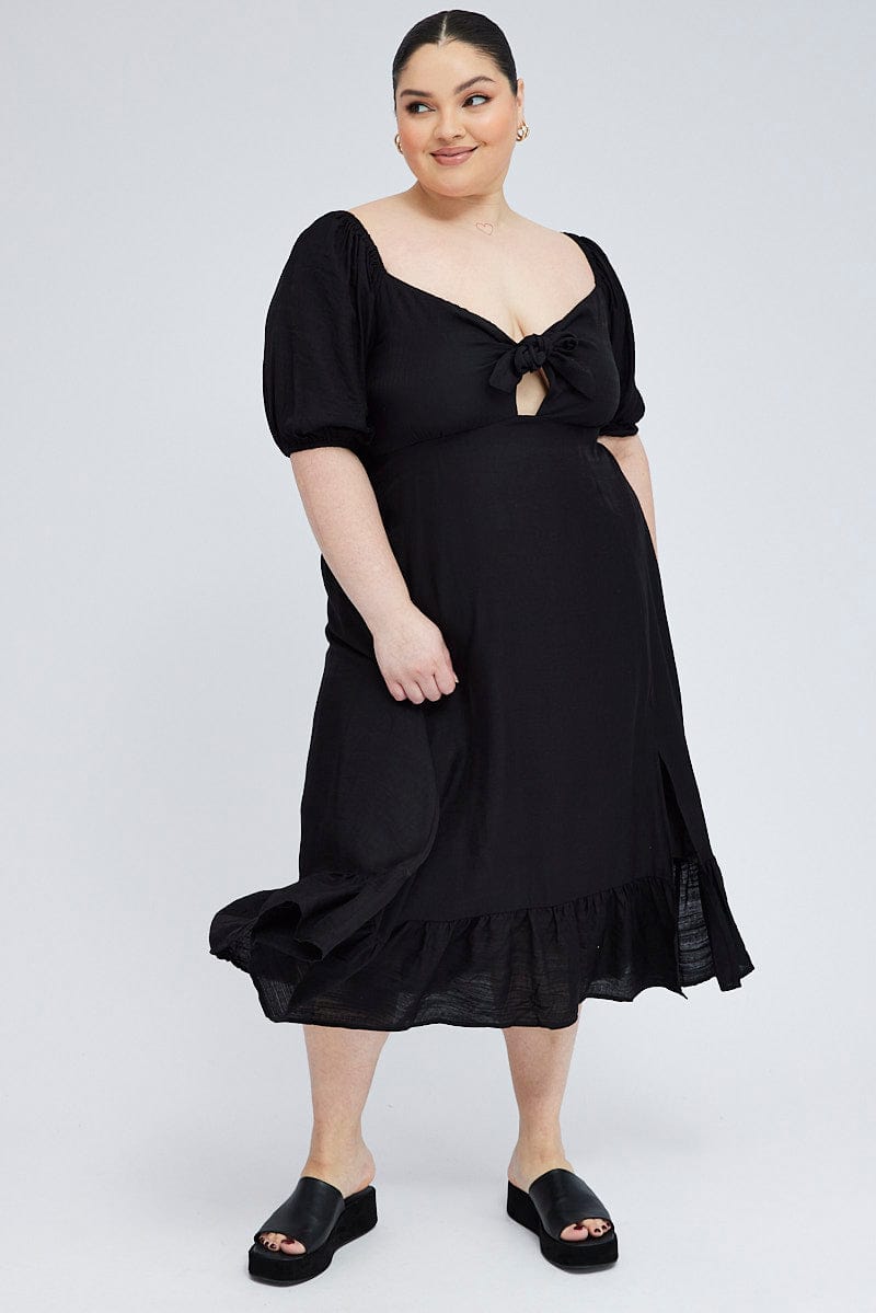 Black Tie Front Midi Dress Short Puff Sleeve Split Front | You & All Black Tie Front Midi Dress Short Puff Sleeve Split Front | You & All