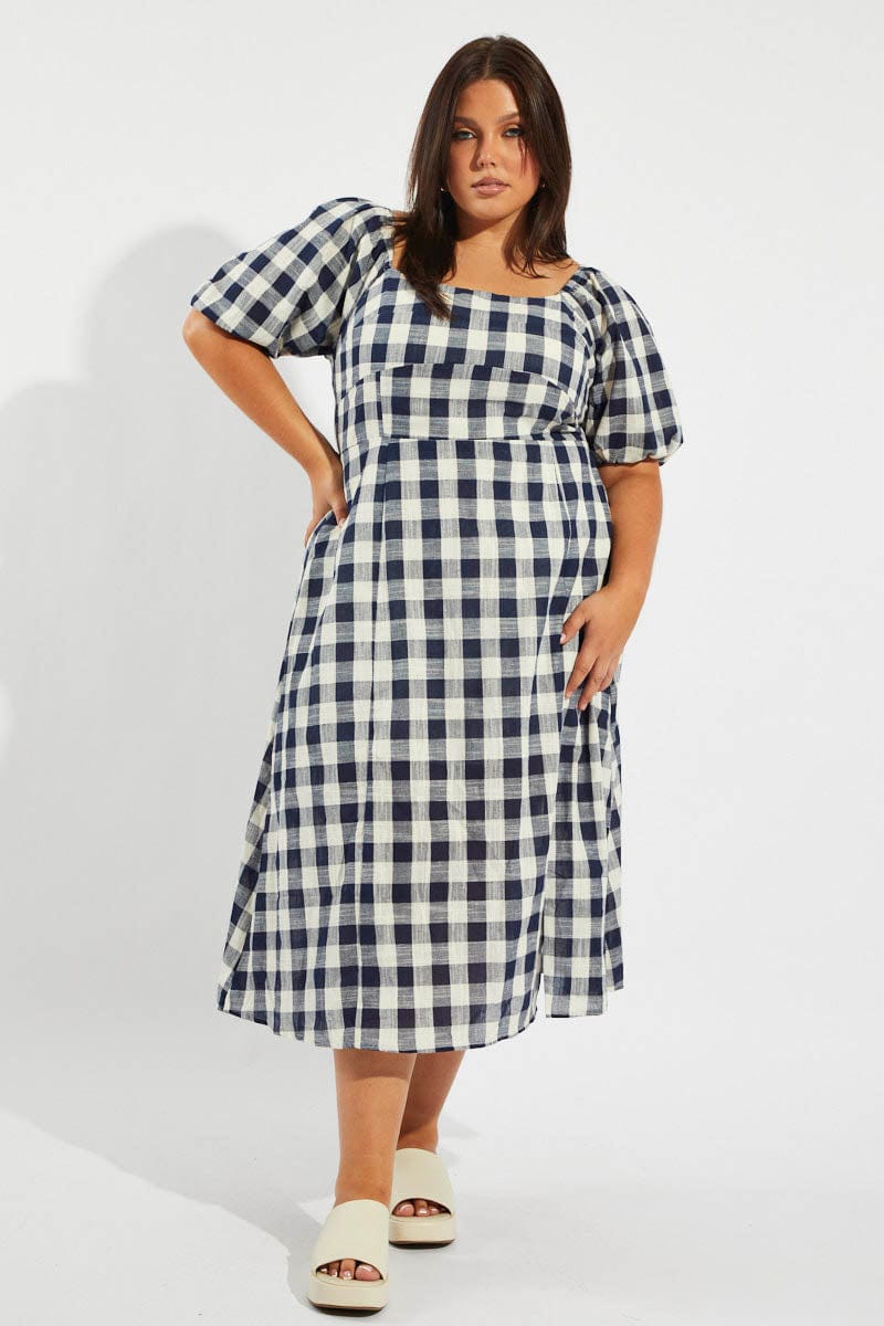 Blue Check Midi Dress With Split And Puff Sleeves You All