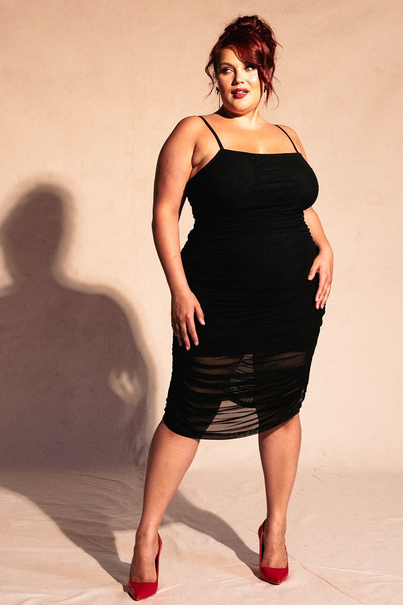 Black Ruched Mesh Dress You All