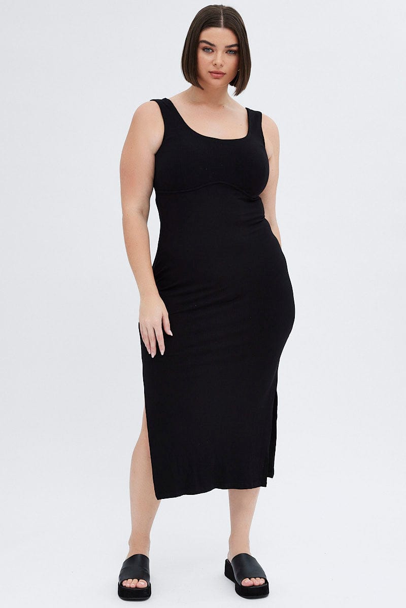 Black Bodycon Dress Rib Jersey Sleeveless Midi | You & All Black Bodycon Dress Rib Jersey Sleeveless Midi | You & All