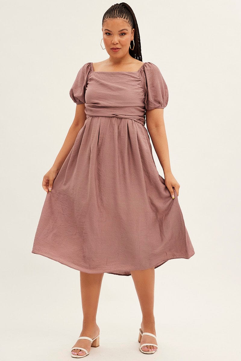 Pink Midi Dress Puff Sleeve Square Neck Lined Textured You All
