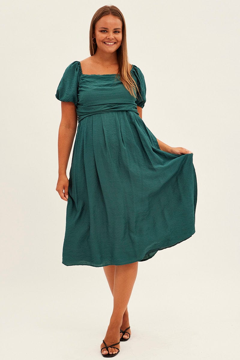 Green Midi Dress Puff Sleeve Square Neck Lined Textured You All