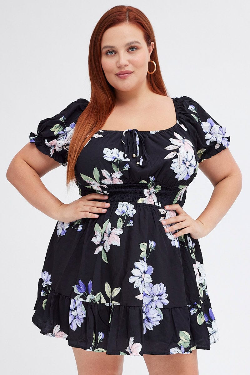 Black Floral Fit And Flare Dress Short Sleeve Gathered Bust | You & All Black Floral Fit And Flare Dress Short Sleeve Gathered Bust | You & All