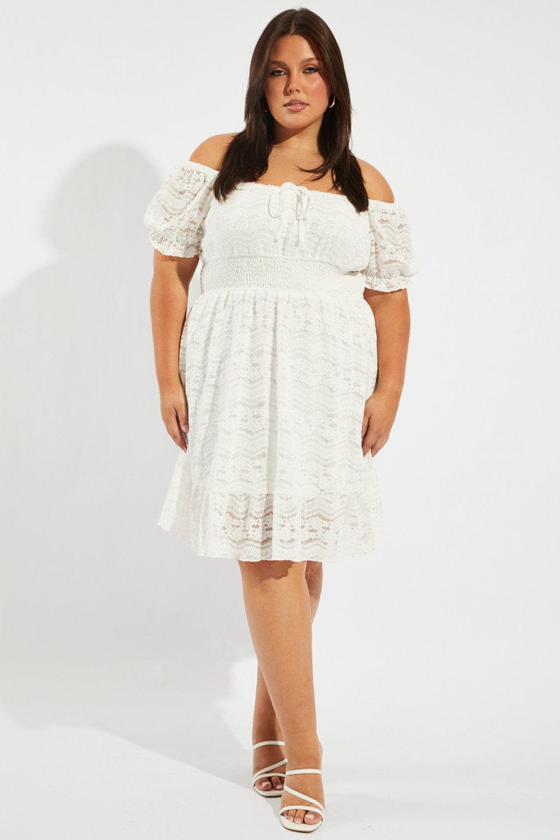 White Fit and Flare Dress Short Sleeve Lace
