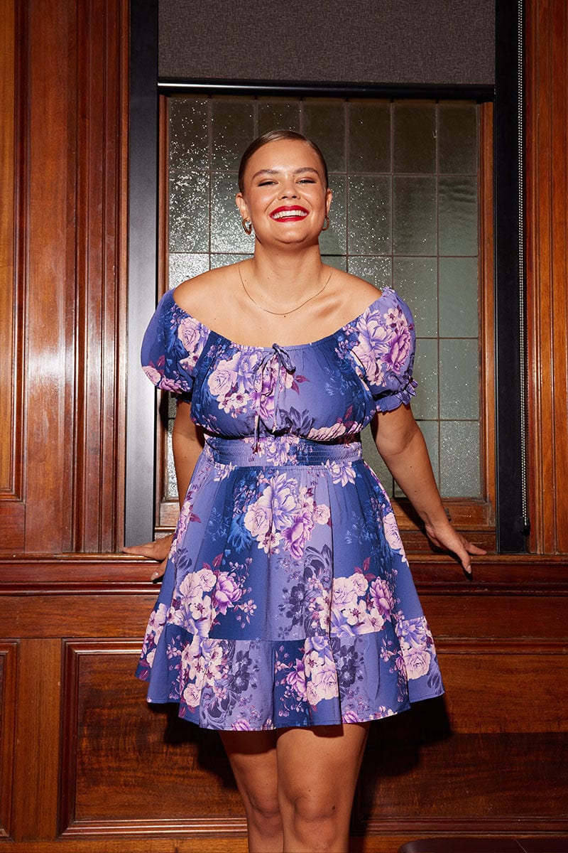 Multi Floral Skater Dress Short Puff Sleeve Crepe Tie Neck You All