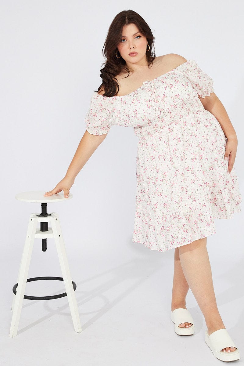 White Floral Fit And Flare Dress Short Sleeve Ruched Bust | You & All White Floral Fit And Flare Dress Short Sleeve Ruched Bust | You & All