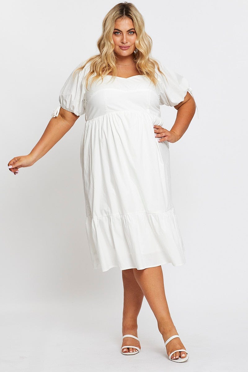 Plus Size White Short Puff Sleeve Bust Detail Dress, You + All